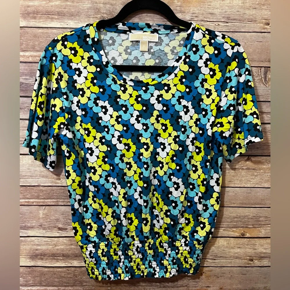 MICHAEL KORS Blue Green Floral Top Size Small Smocked Waist F1
